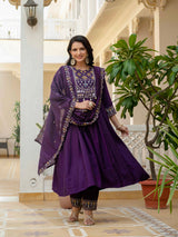 Purple Viscose Roman Silk Anarkali Kurti Pant Set