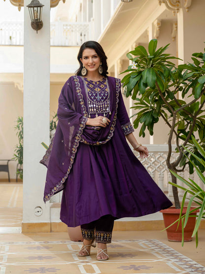 Purple Viscose Roman Silk Anarkali Kurti Pant Set