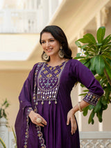 Purple Viscose Roman Silk Anarkali Kurti Pant Set