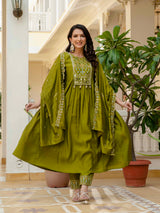 Mehndi Viscose Roman Silk Anarkali Kurti Pant Set