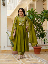 Mehndi Viscose Roman Silk Anarkali Kurti Pant Set