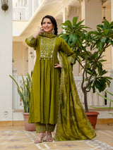 Mehndi Viscose Roman Silk Anarkali Kurti Pant Set