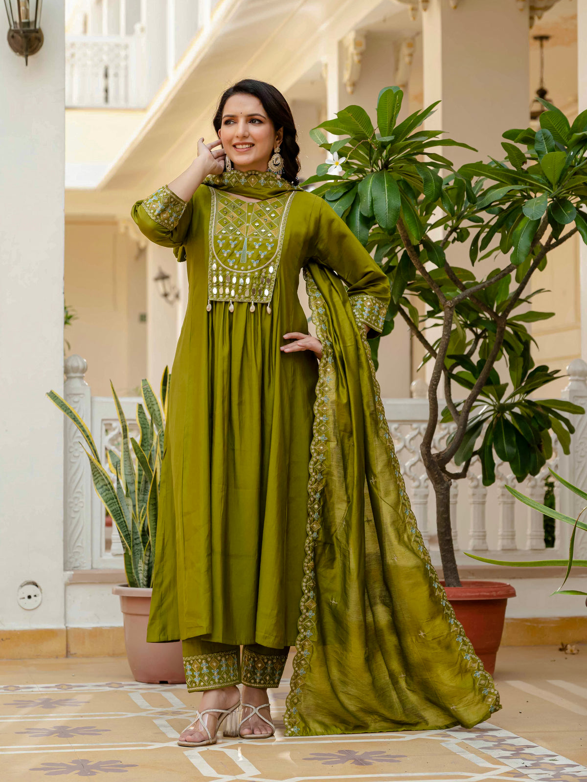 Mehndi Viscose Roman Silk Anarkali Kurti Pant Set