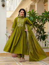 Mehndi Viscose Roman Silk Anarkali Kurti Pant Set