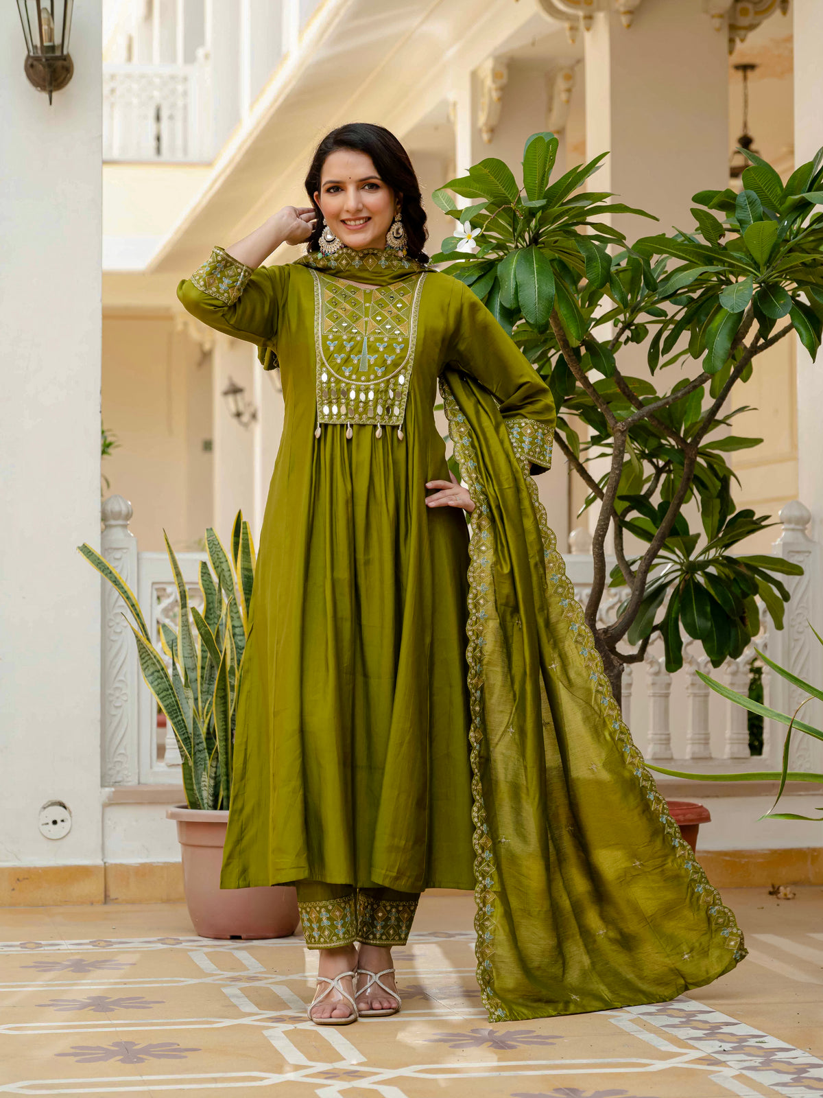 Mehndi Viscose Roman Silk Anarkali Kurti Pant Set
