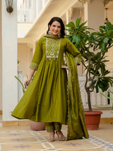 Mehndi Viscose Roman Silk Anarkali Kurti Pant Set