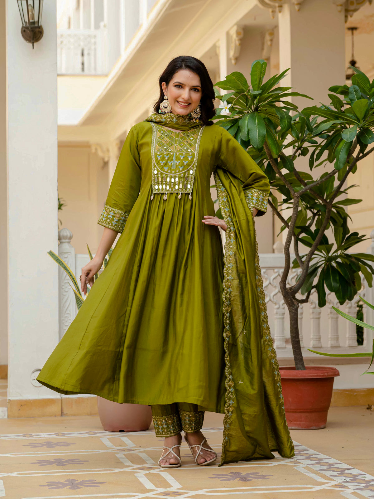 Mehndi Viscose Roman Silk Anarkali Kurti Pant Set