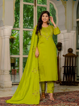 Parrot Green Marina Silk Multi Embroidered Suit Set