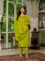 Parrot Green Marina Silk Multi Embroidered Suit Set