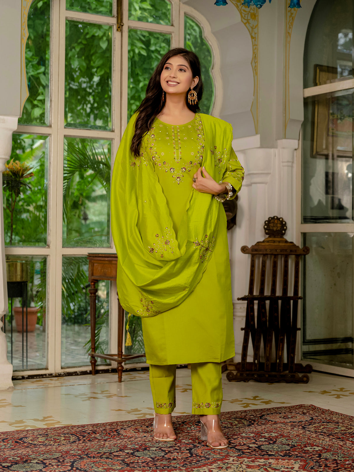 Parrot Green Marina Silk Multi Embroidered Suit Set