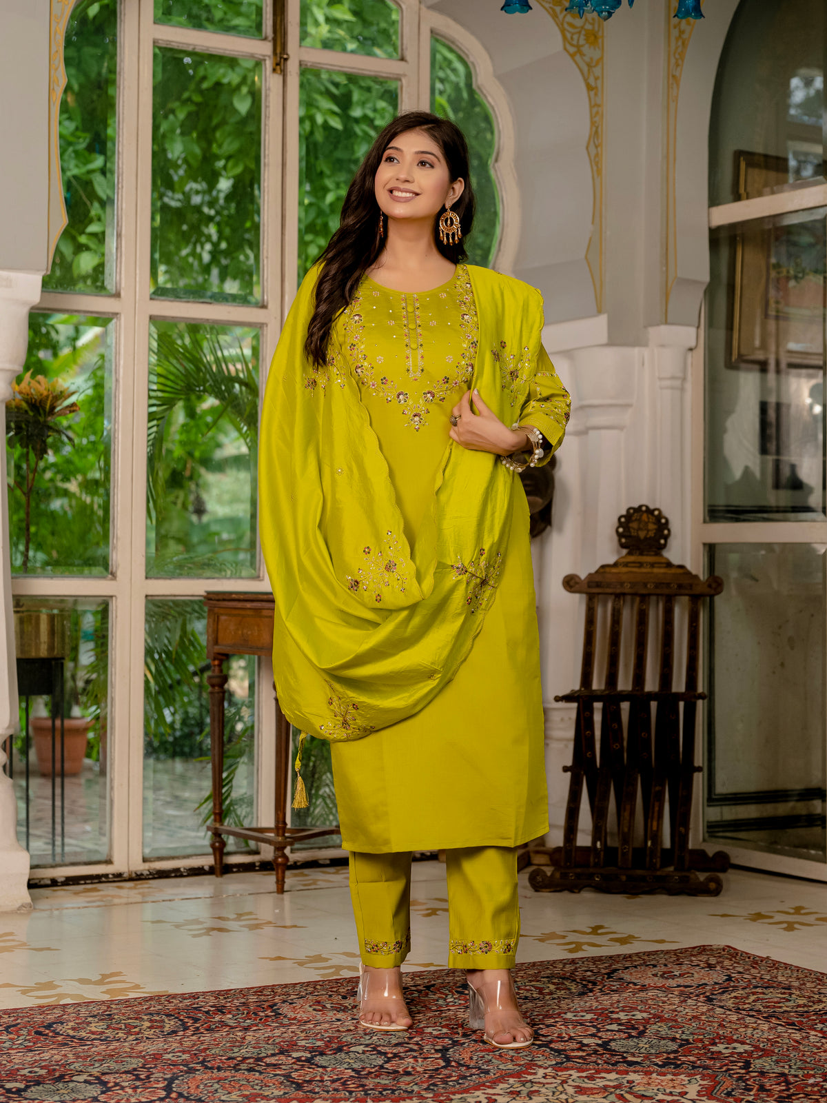 Mustard Yellow Marina Silk Multi Embroidered Suit Set