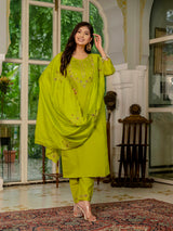 Parrot Green Marina Silk Multi Embroidered Suit Set