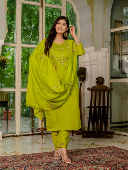 Parrot Green Marina Silk Multi Embroidered Suit Set