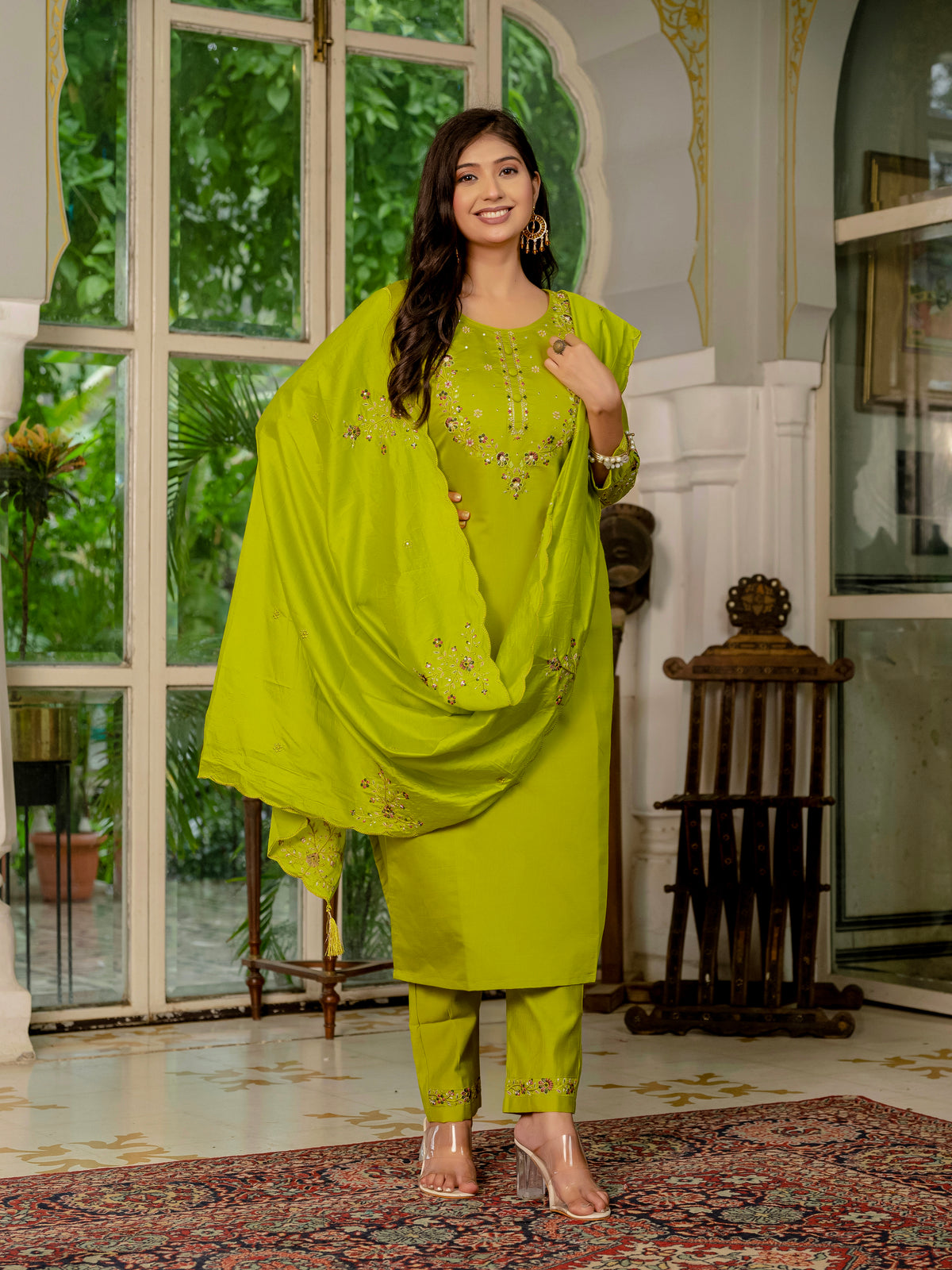 Parrot Green Marina Silk Multi Embroidered Suit Set