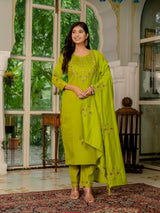 Parrot Green Marina Silk Multi Embroidered Suit Set