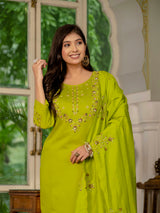 Parrot Green Marina Silk Multi Embroidered Suit Set