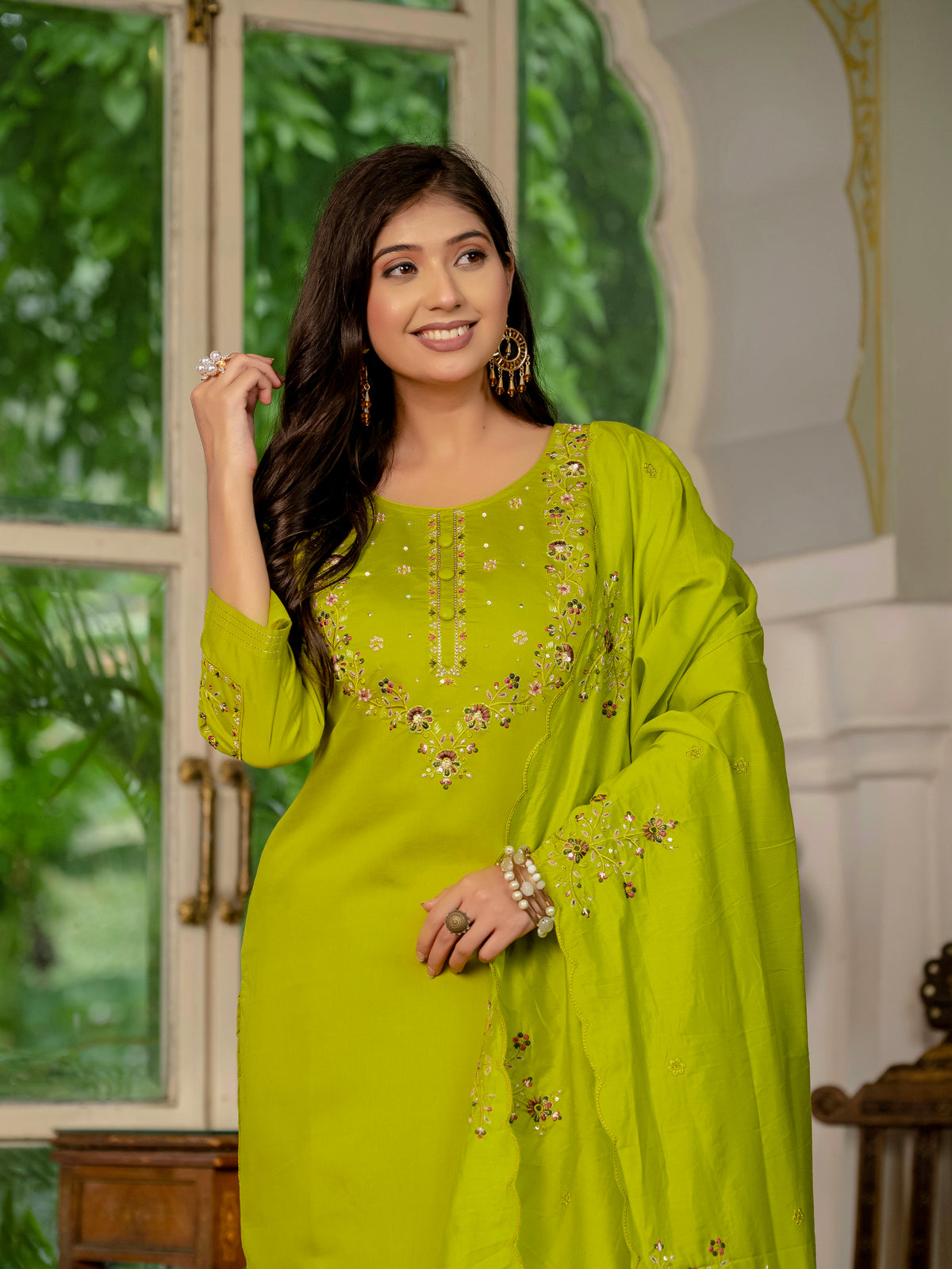 Parrot Green Marina Silk Multi Embroidered Suit Set