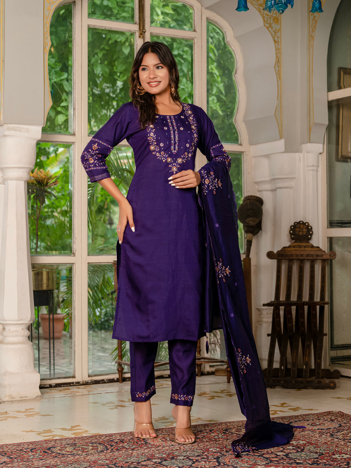 Violet Marina Silk Multi Embroidered Suit Set