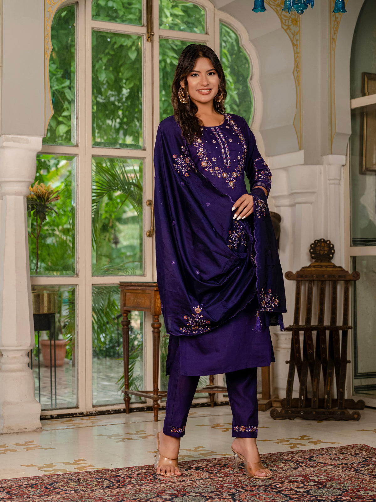 Violet Marina Silk Multi Embroidered Suit Set