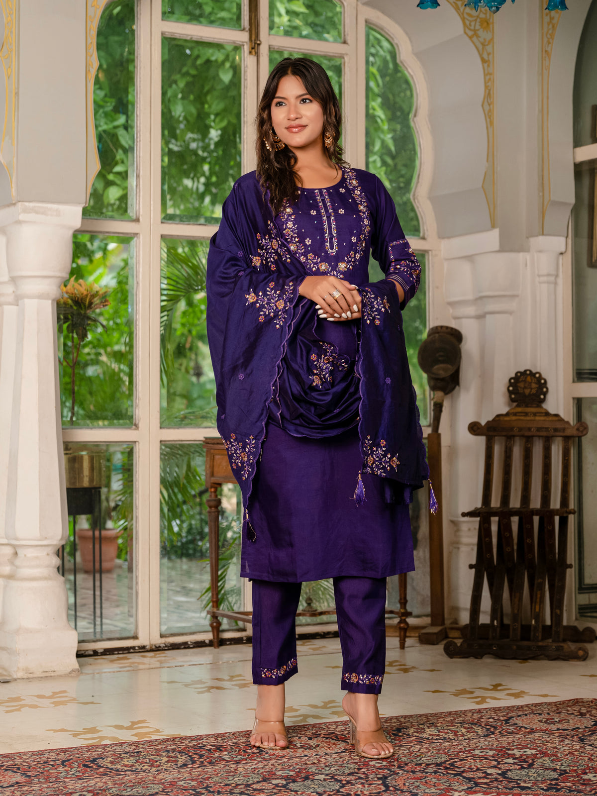 Violet Marina Silk Multi Embroidered Suit Set