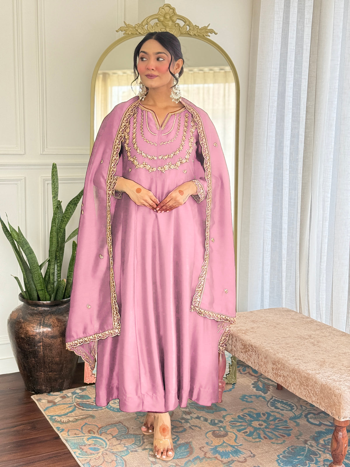 Pink Embroidered Anarkali Suit Set