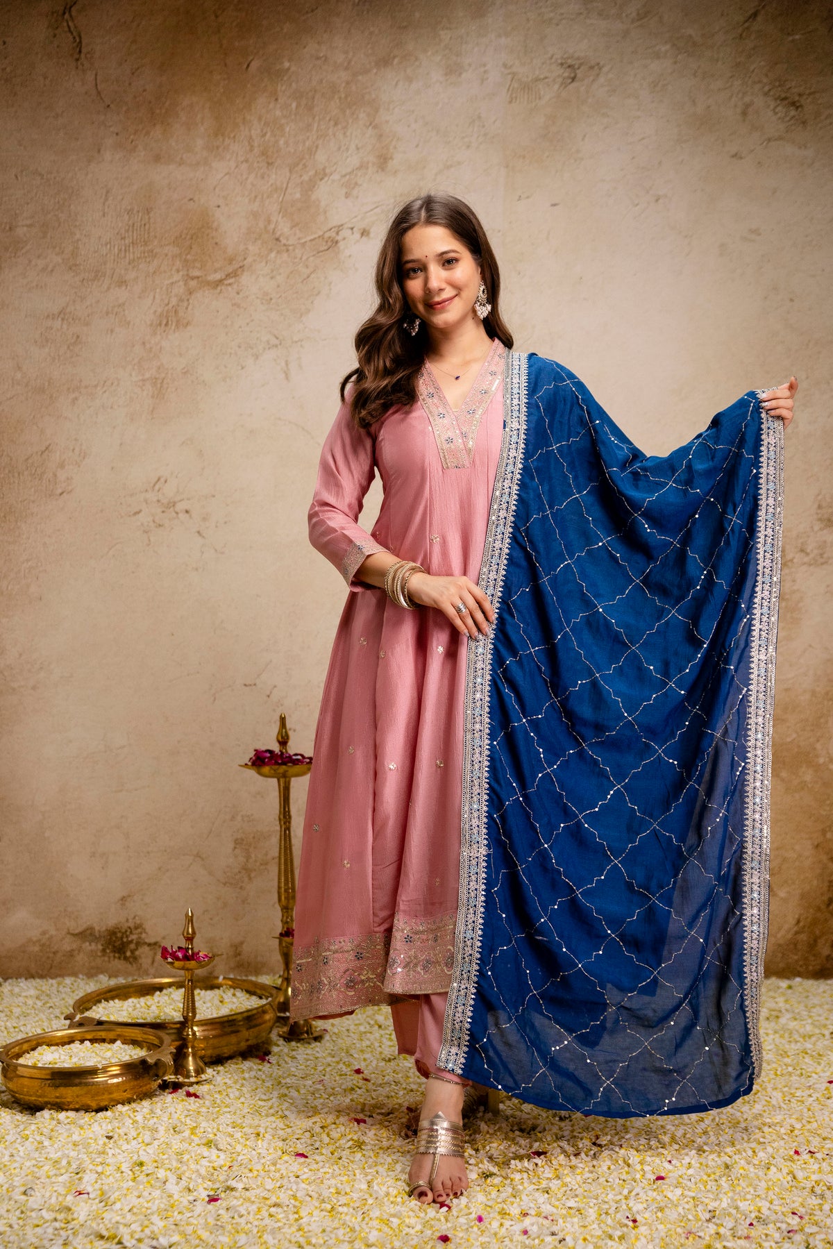 Pink Vichitra Silk Embroidered Anarkali Suit Set