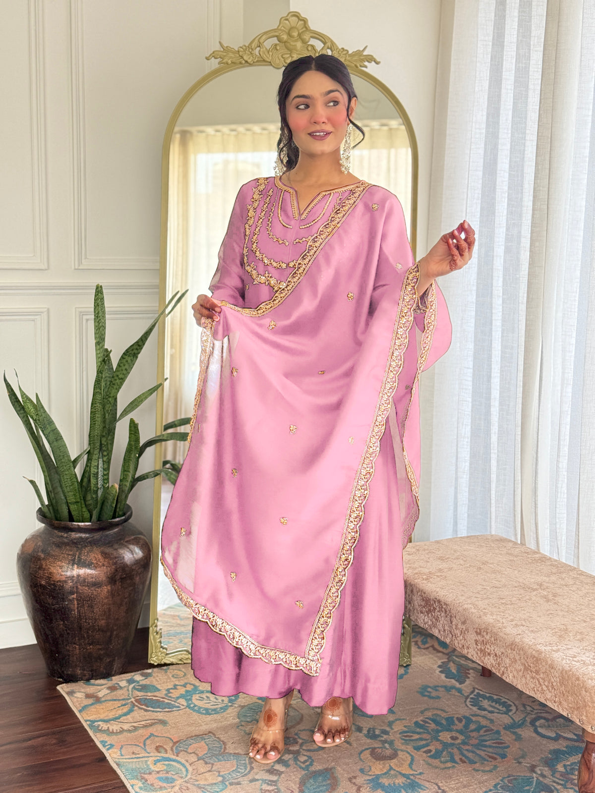 Pink Embroidered Anarkali Suit Set