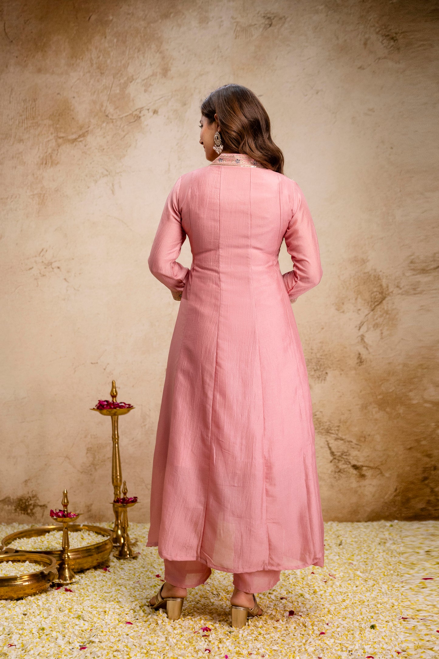 Pink Vichitra Silk Embroidered Anarkali Suit Set