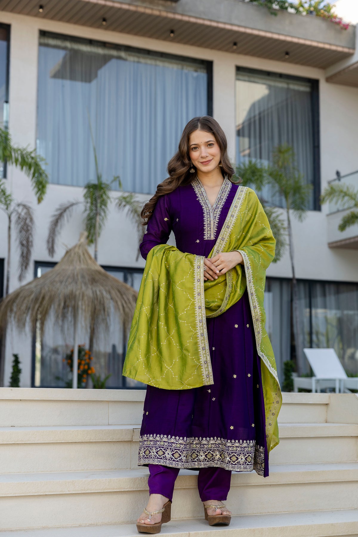 Wine Vichitra Silk Embroidered Anarkali Suit Set