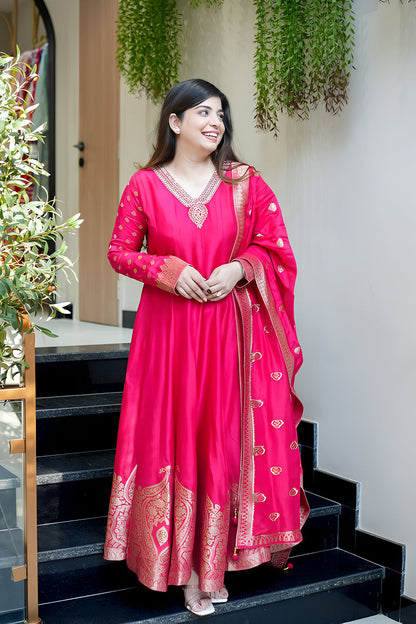 Rani Pink Anarkali Kurti Pant Dupatta Set