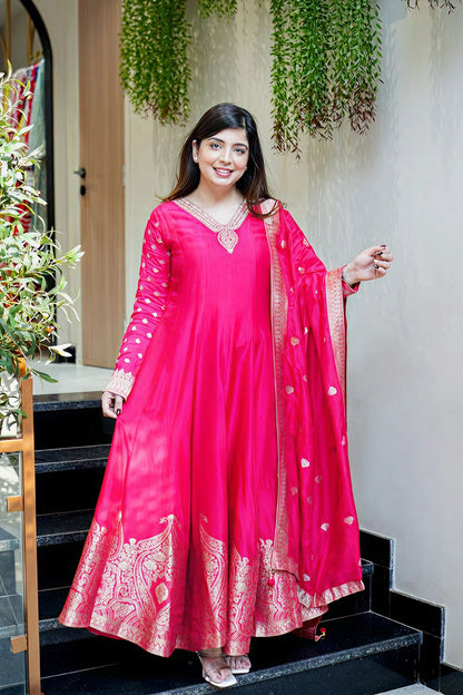 Rani Pink Anarkali Kurti Pant Dupatta Set