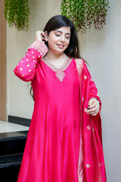 Rani Pink Anarkali Kurti Pant Dupatta Set