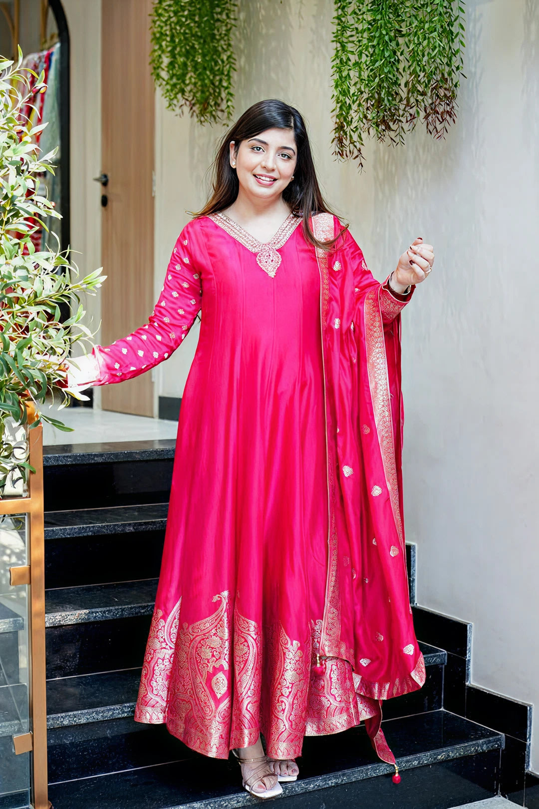 Rani Pink Anarkali Kurti Pant Dupatta Set