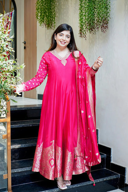 Rani Pink Anarkali Kurti Pant Dupatta Set