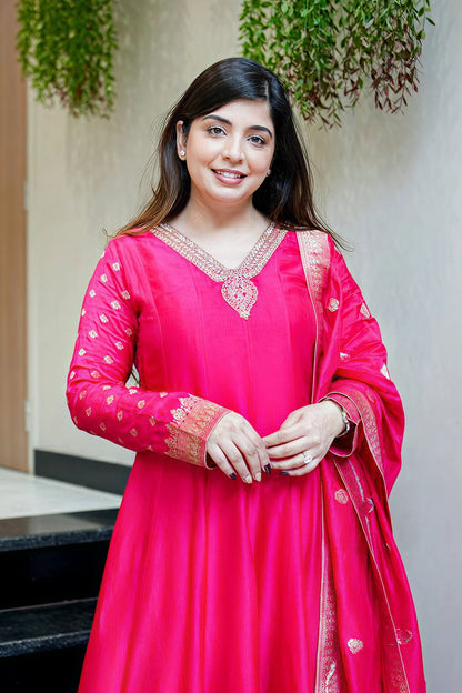 Rani Pink Anarkali Kurti Pant Dupatta Set