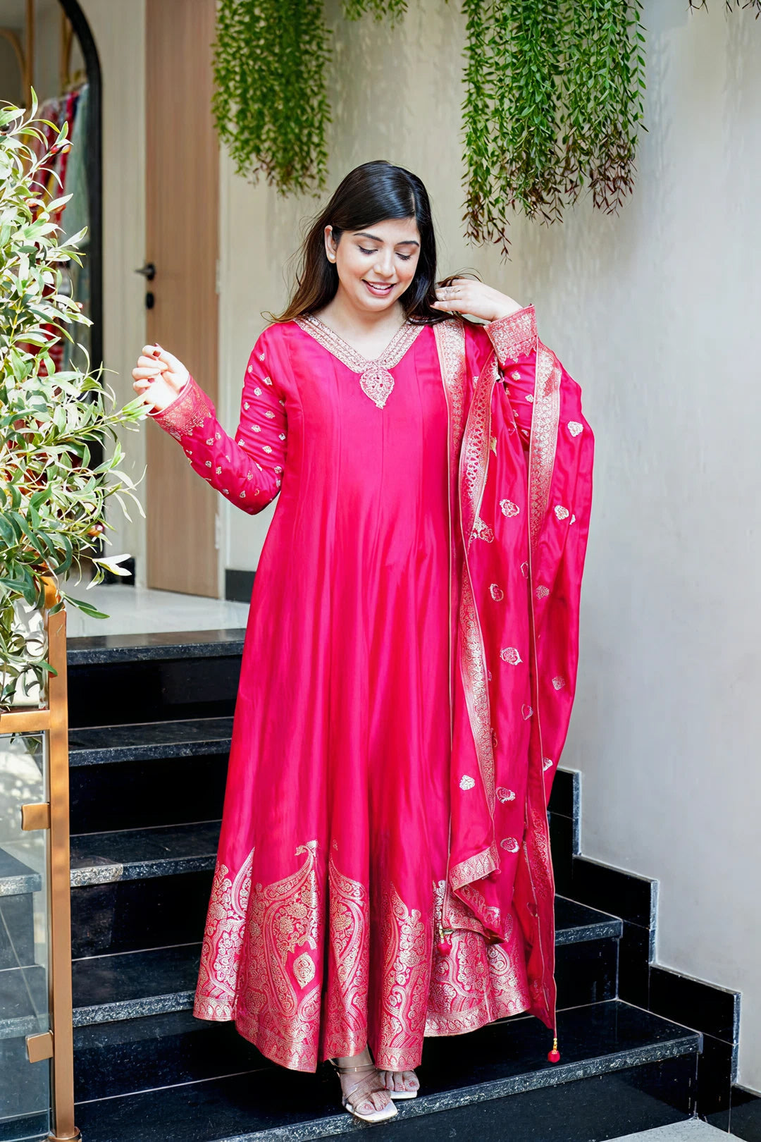 Rani Pink Anarkali Kurti Pant Dupatta Set