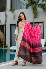 Cream Embroidered Viscose Simmer Kurti Set