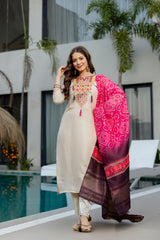 Cream Embroidered Viscose Simmer Kurti Set