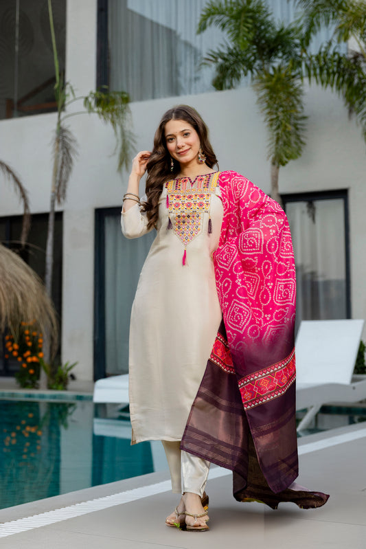 Cream Embroidered Viscose Simmer Kurti Set