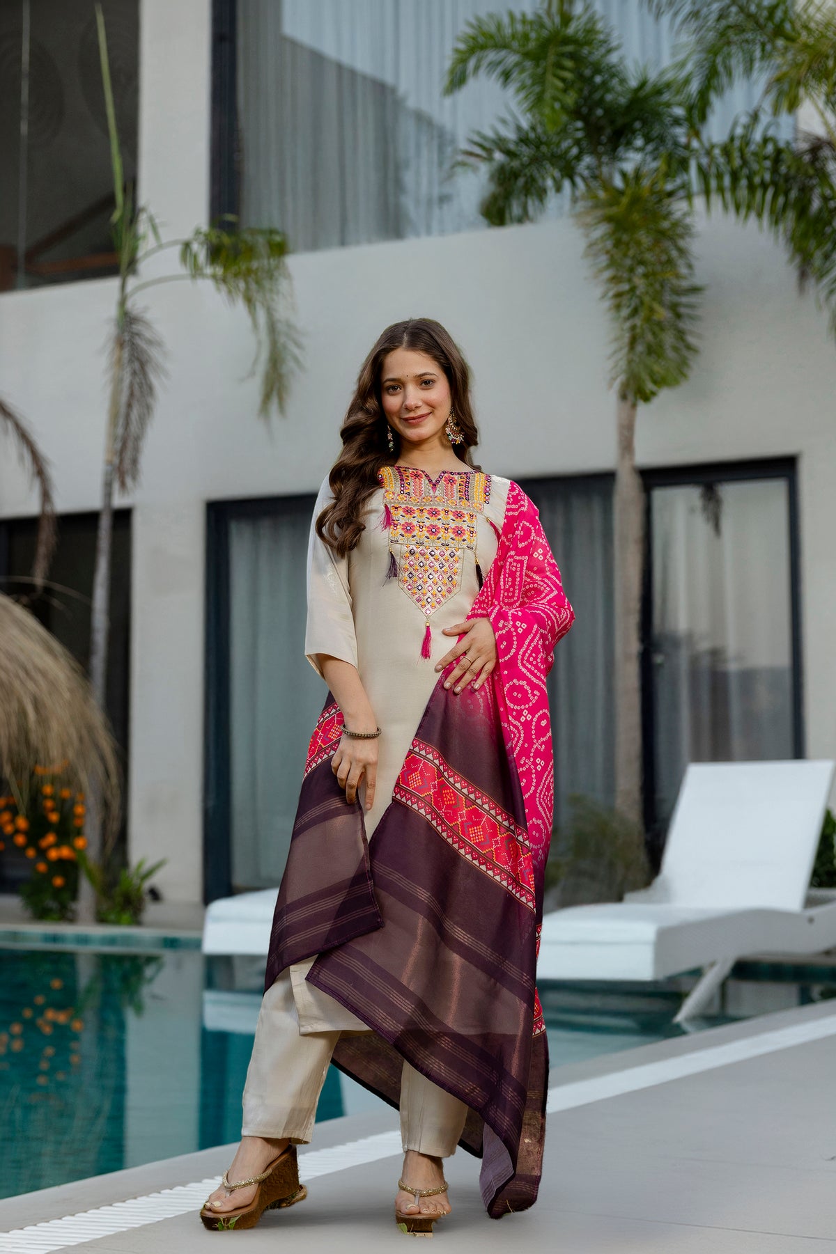 Cream Embroidered Viscose Simmer Kurti Set