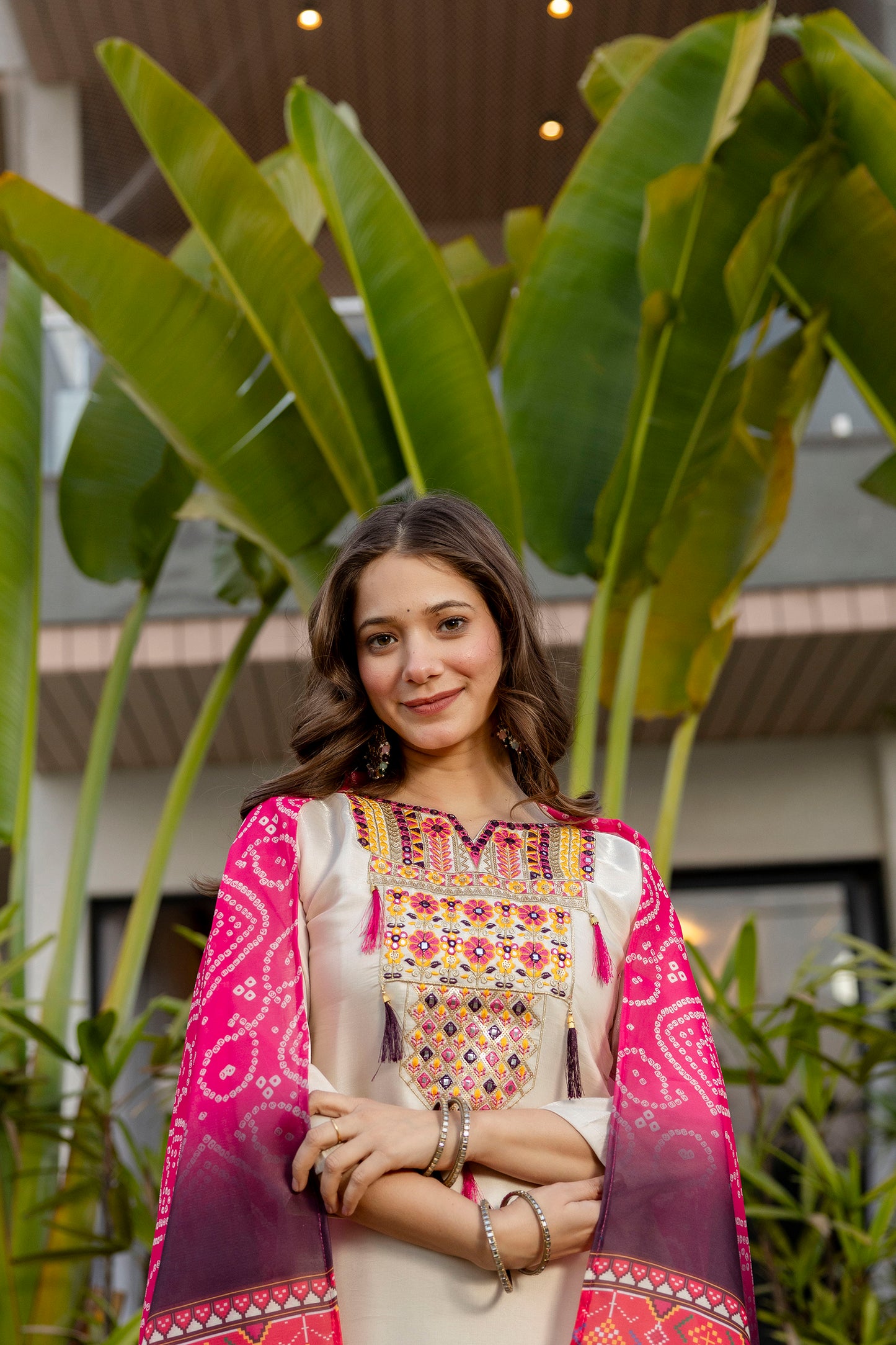 Cream Embroidered Viscose Simmer Kurti Set