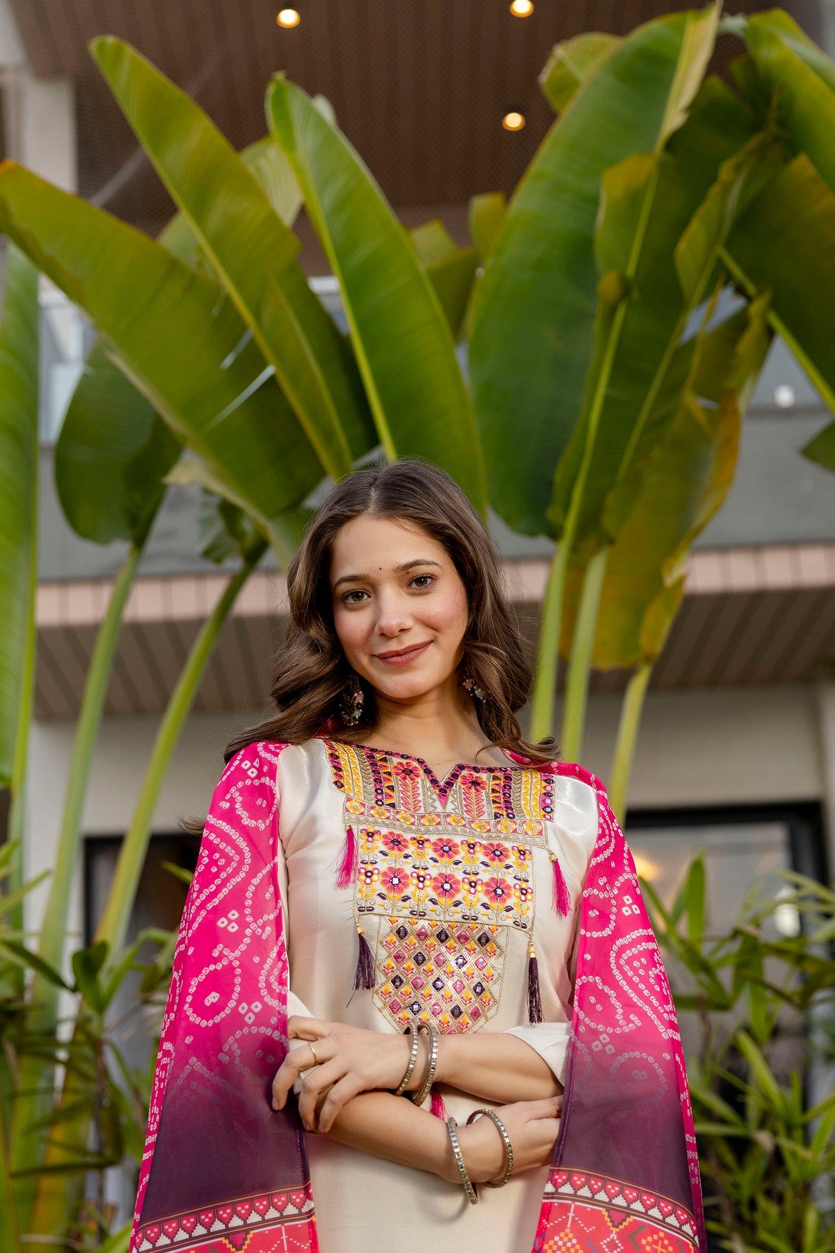 Cream Embroidered Viscose Simmer Kurti Set