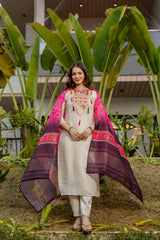 Cream Embroidered Viscose Simmer Kurti Set