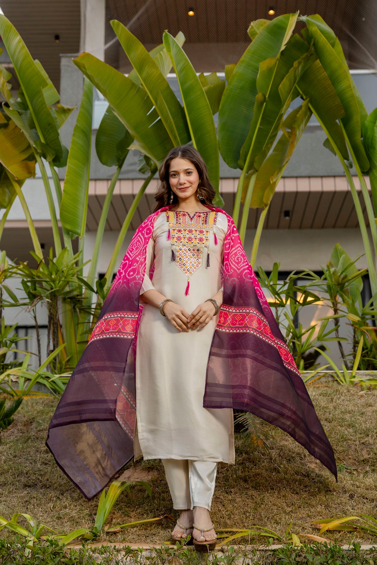 Cream Embroidered Viscose Simmer Kurti Set
