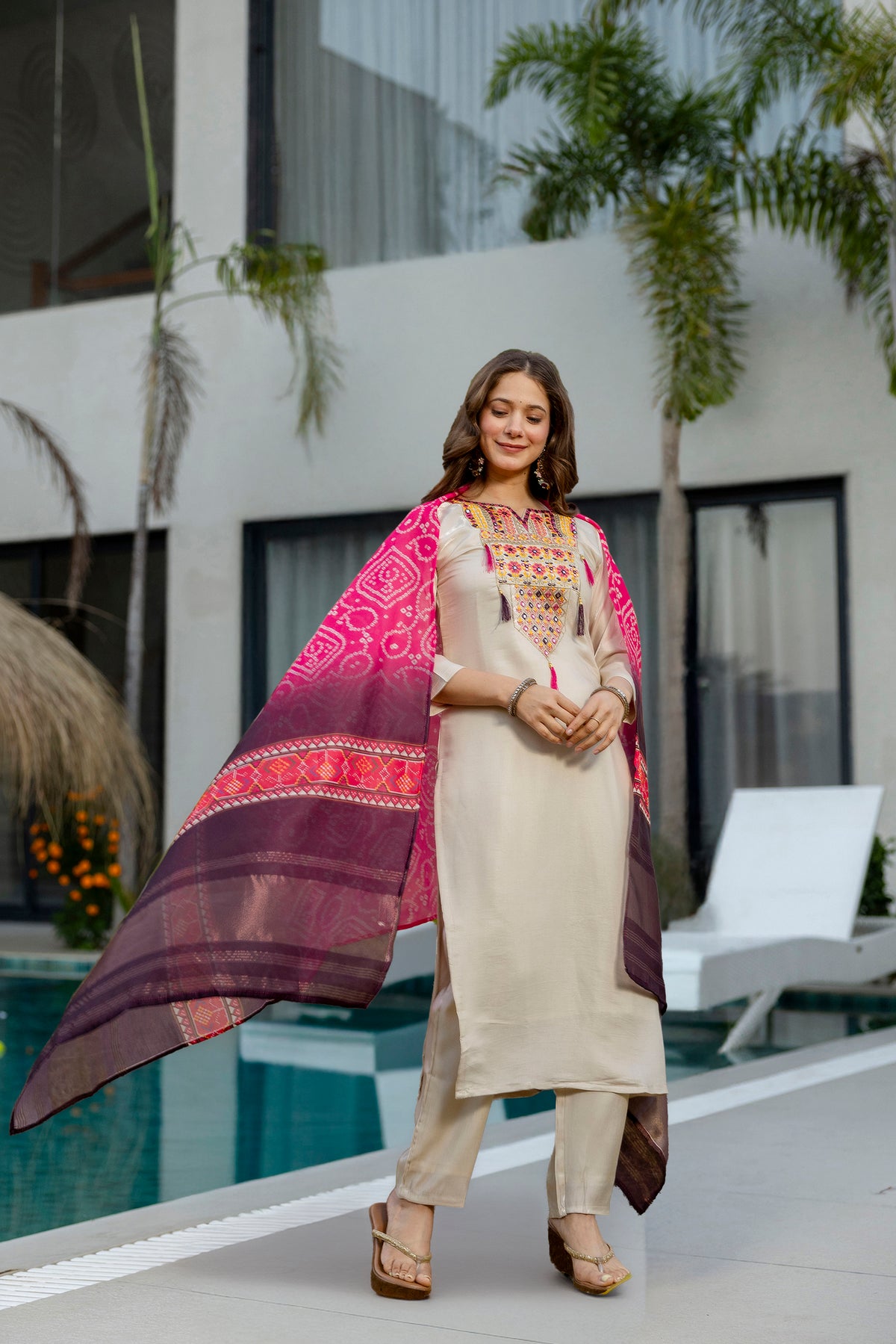 Cream Embroidered Viscose Simmer Kurti Set