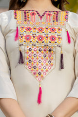 Cream Embroidered Viscose Simmer Kurti Set