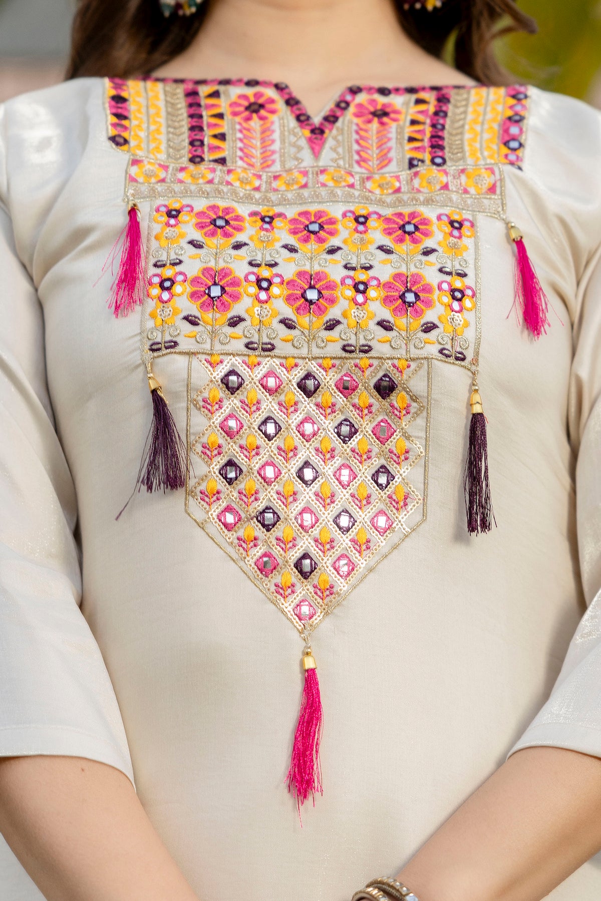 Cream Embroidered Viscose Simmer Kurti Set