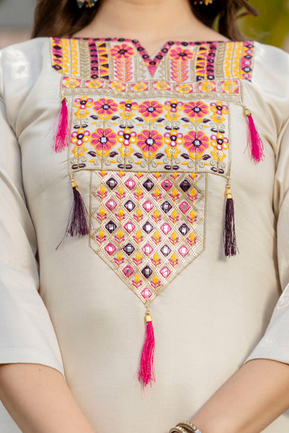 Cream Embroidered Viscose Simmer Kurti Set