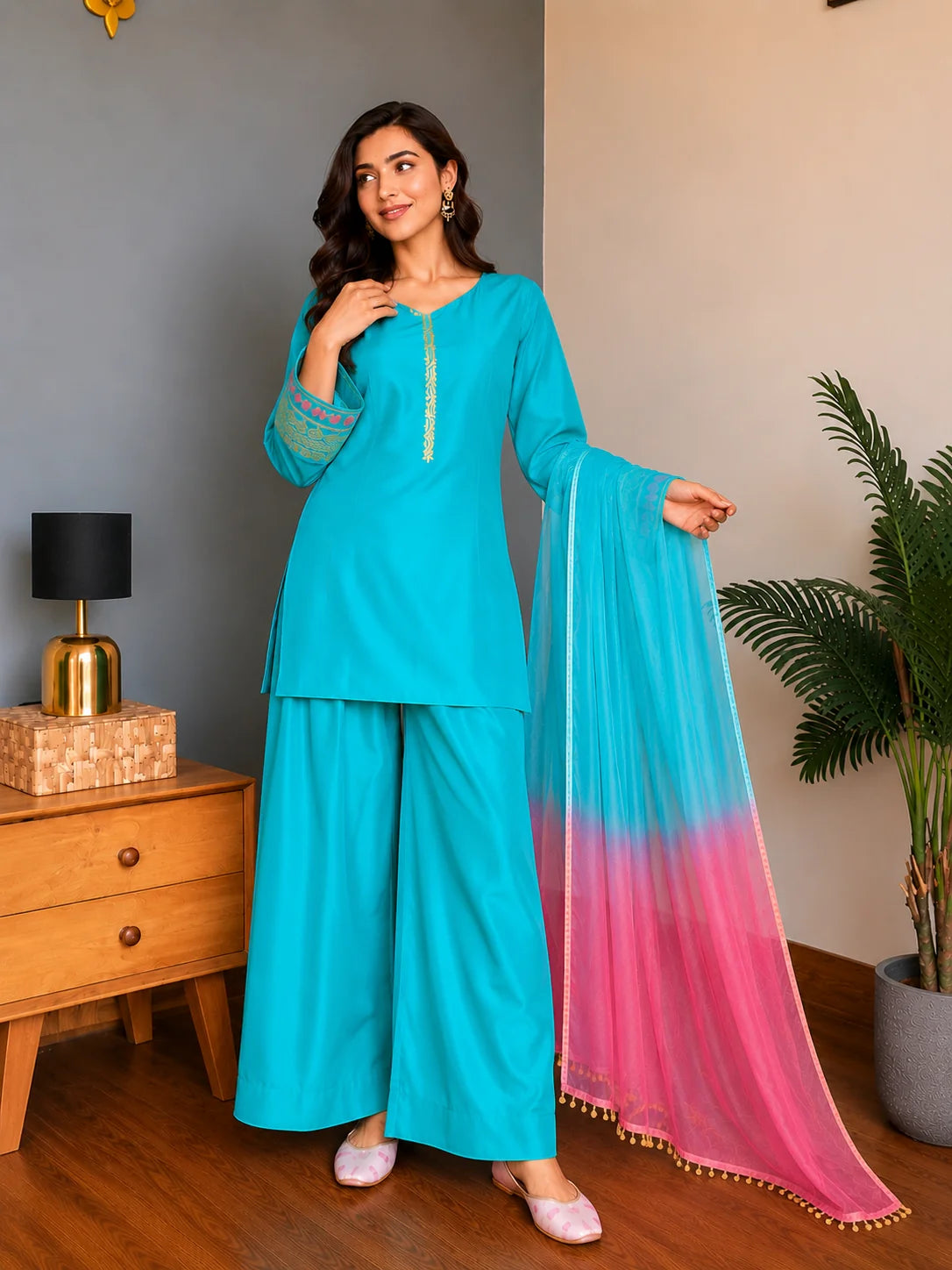 Turquoise Blue Embroidered Kurta Palazzo Set