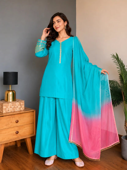 Turquoise Blue Embroidered Kurta Palazzo Set